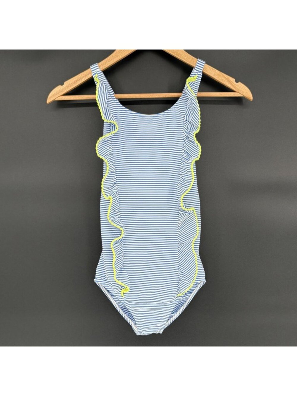 Mini Boden Ruffle Striped One Piece Swimsuit Girls 9-10Y Blue White Neon Trim